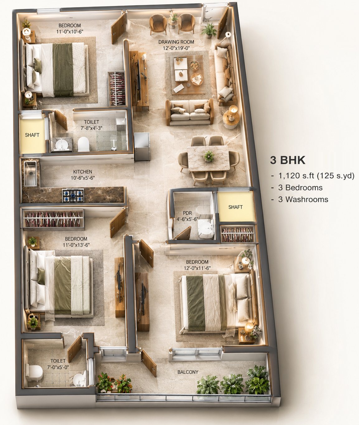 The Daffodils 3 BHK 3D floor plan