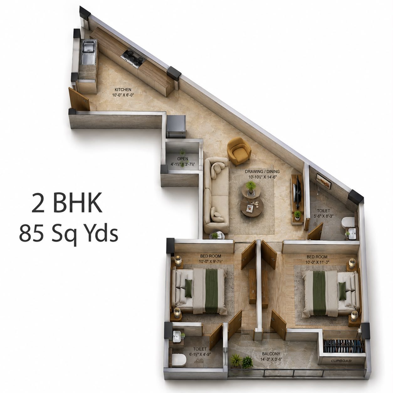 The White Lotus 2 BHK 3D floor plan