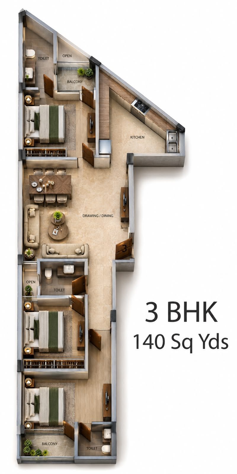 The White Lotus 3 BHK 3D floor plan