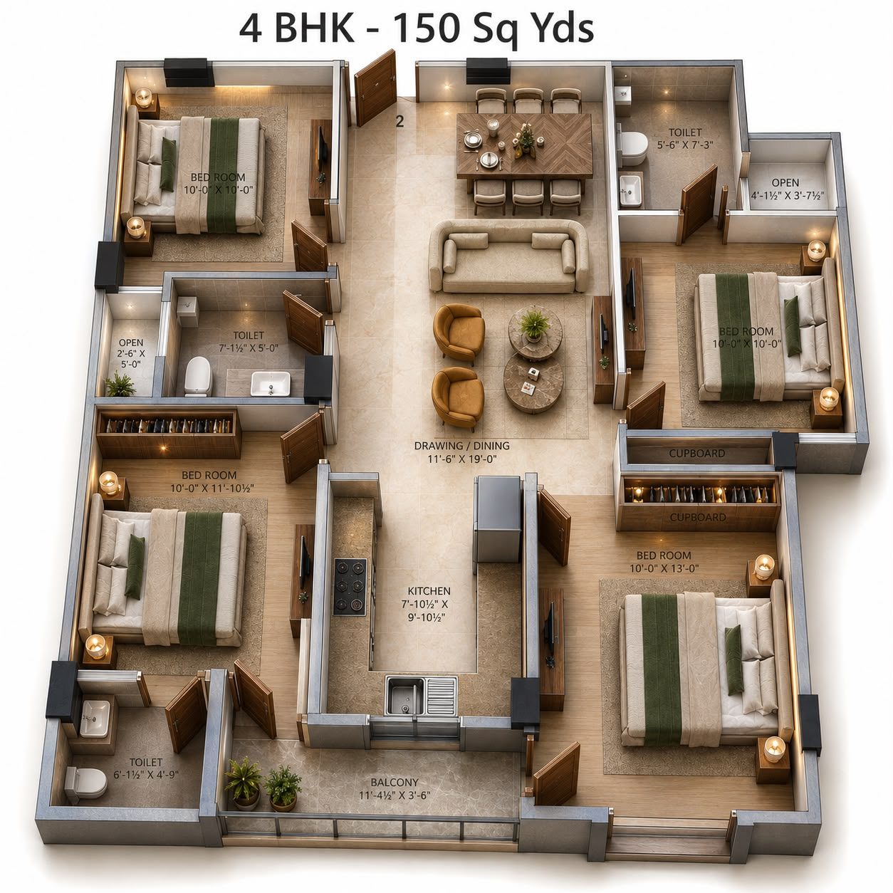 The White Lotus 4 BHK 3D floor plan