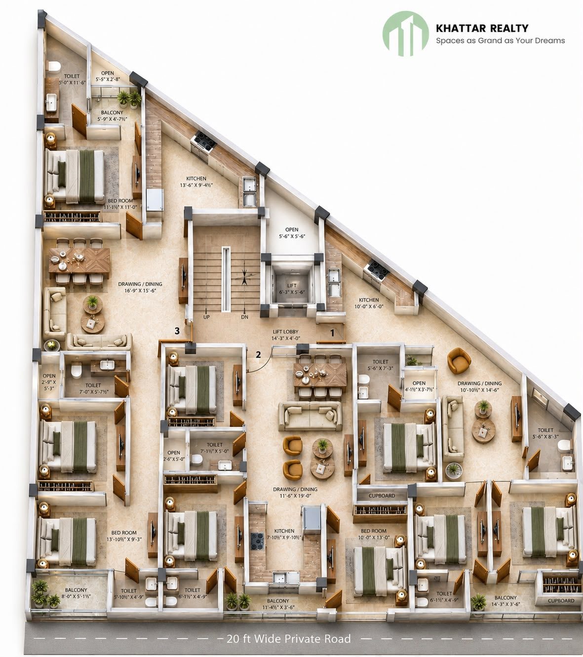 The White Lotus full floor in 3D, three apartments per floor